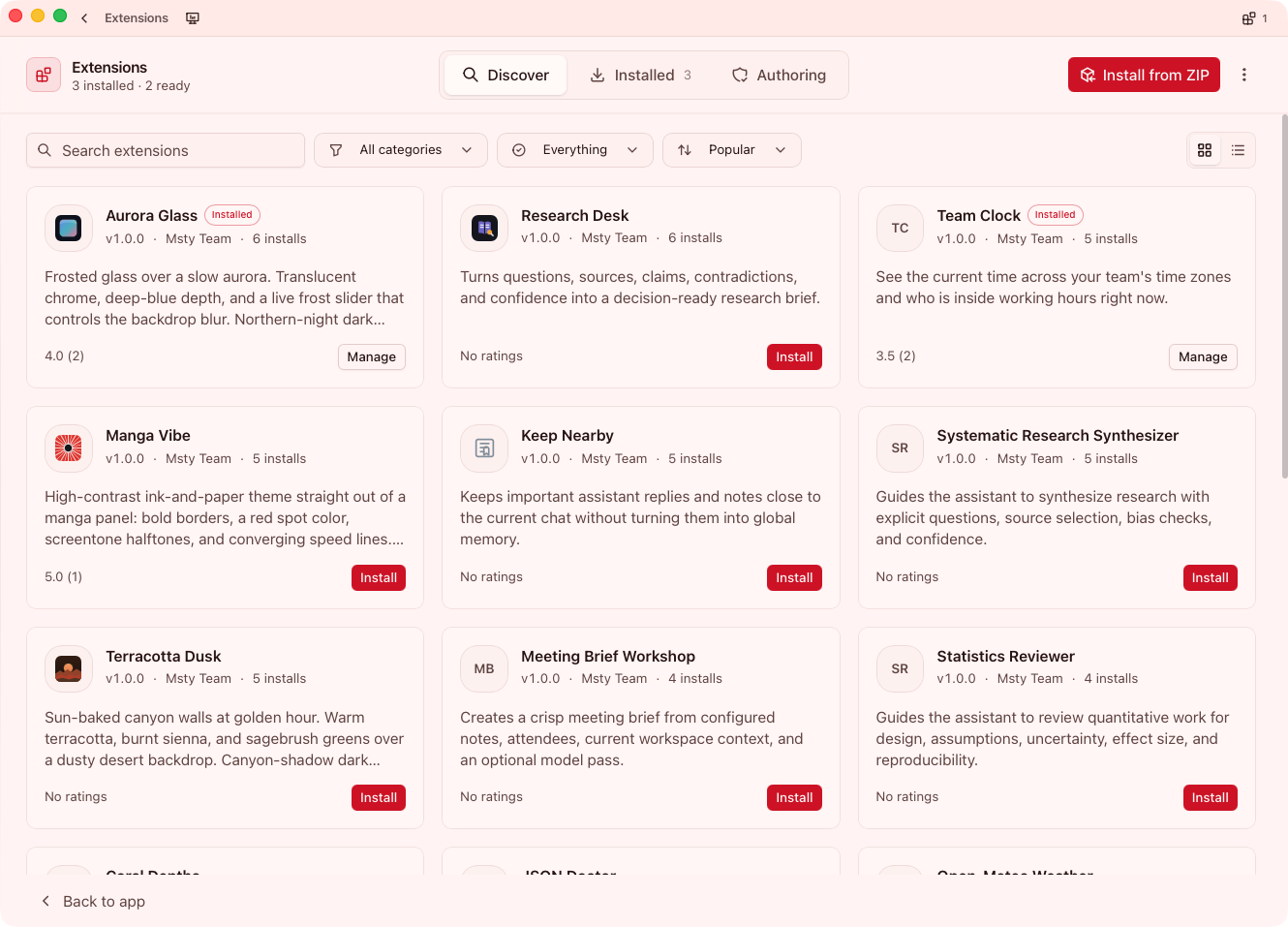 Extensions Discover catalog in Msty Claw